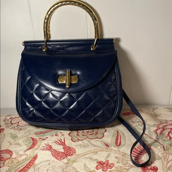 Susan Gail Handbags - Bellido by Susan Gail Navy Quilted Satchel Gold Metal Notched Handle Hardware